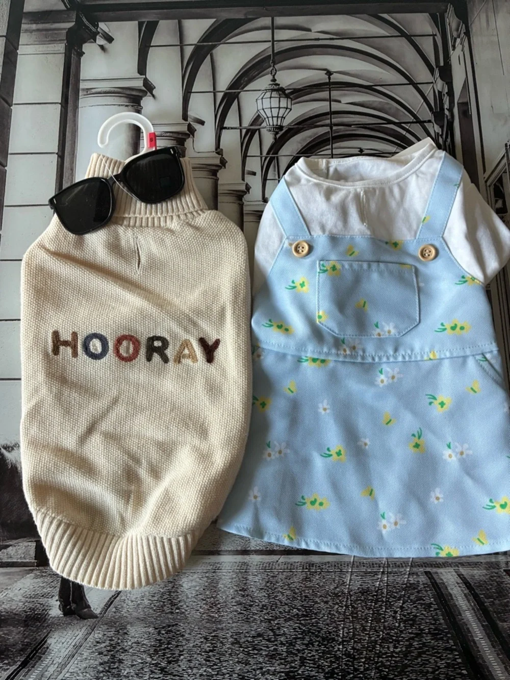 Cream 'HOORAY' Knit Pet Sweater + Light Blue Floral Pinafore Dress Set